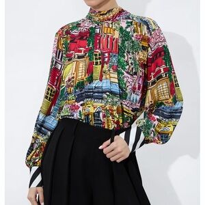 Alice + Olivia Gertrude Vacation Dreams Print Shirt Blouse Bow Tie Neck XS